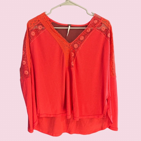 Free People Tops - Free People Thermal Lace V-Neck Top XS Coral Orange Waffle Knit Boho